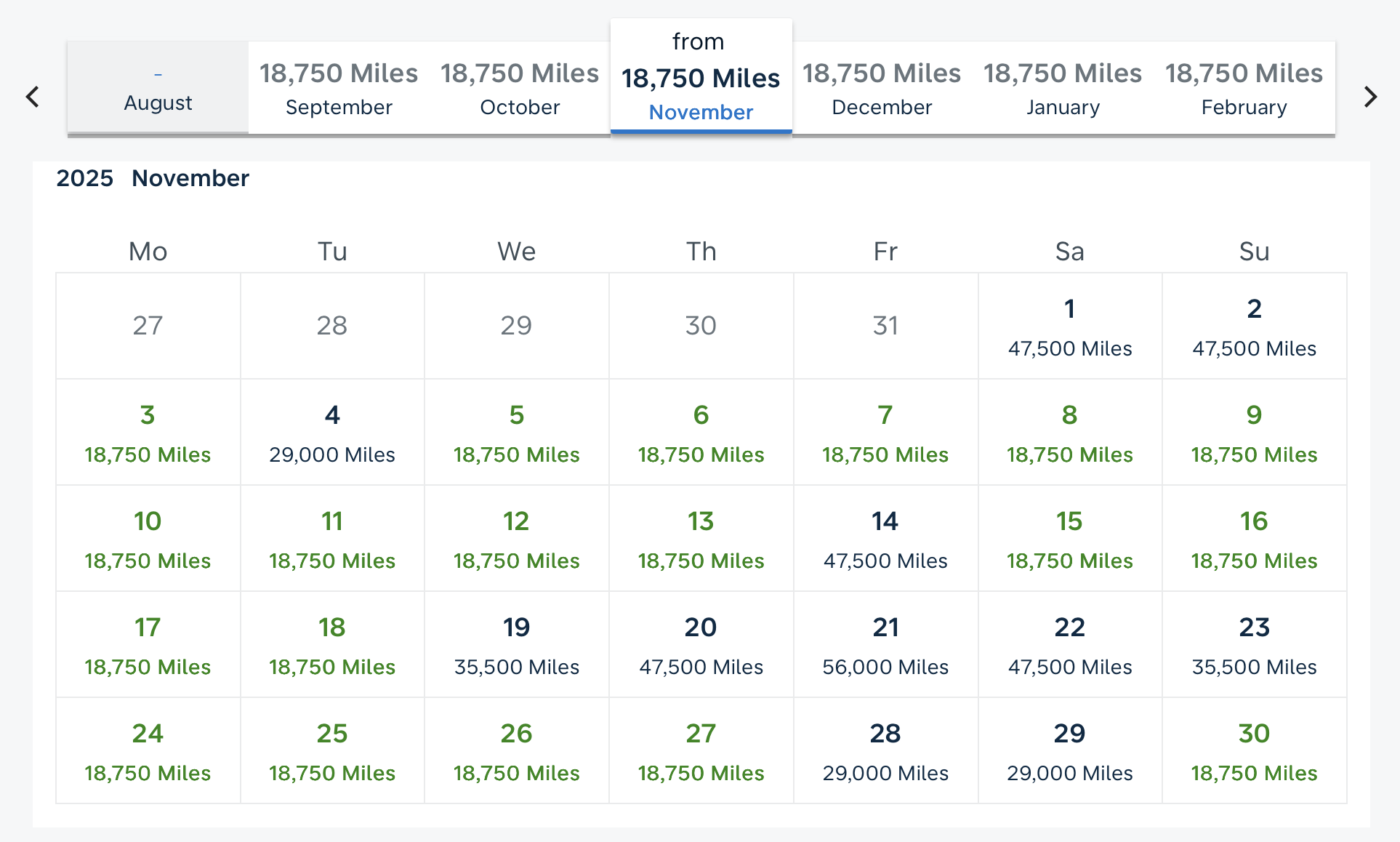 Flying Blue calendar for LAX to AMS