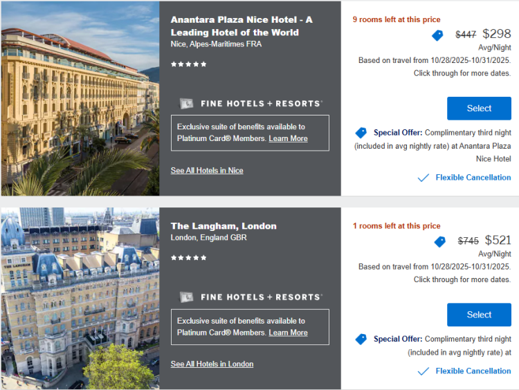 A screenshot shows hotels bookable through the FHR program via American Express