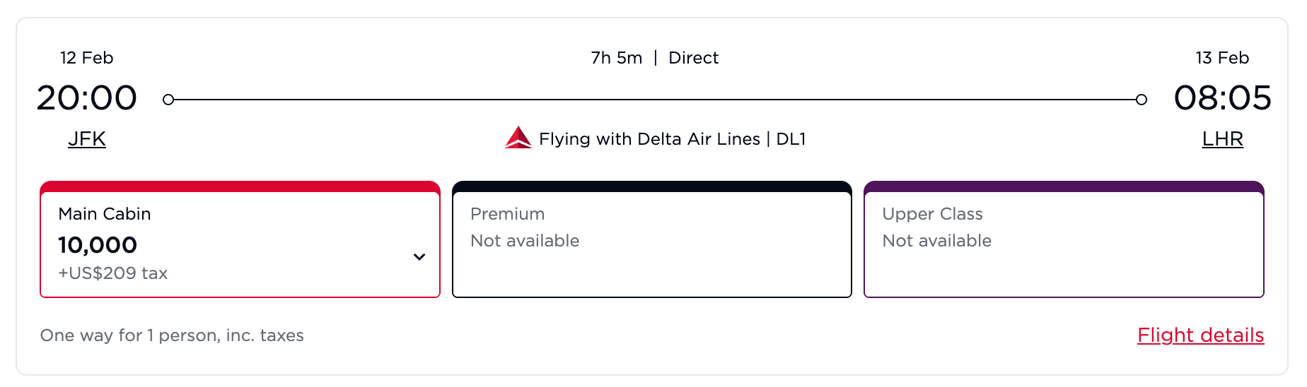 Delta flight from JFK to LHR for 10,000 Virgin Atlantic points and $209 in taxes and fees