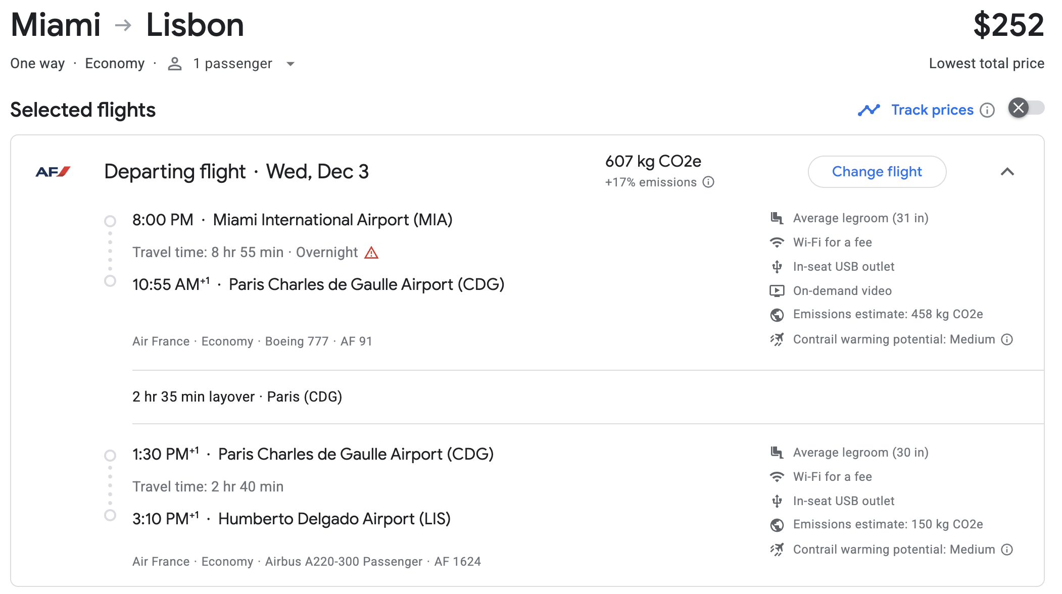 Air France itinerary from MIA to LIS via CDG.