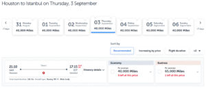 Screenshot of Turkish MIles&Smiles award availability from Houston to Istanbul