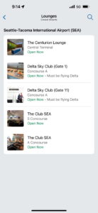 Screenshot of Amex App showing airport lounges at your current location