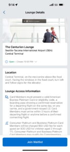 Screenshot of Amex App showing Centurion Lounge information