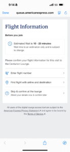 Screenshot of Amex App showing Centurion Lounge information including wait times