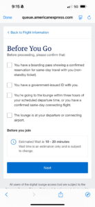 Screenshot of Amex App showing Centurion Lounge information with wait list