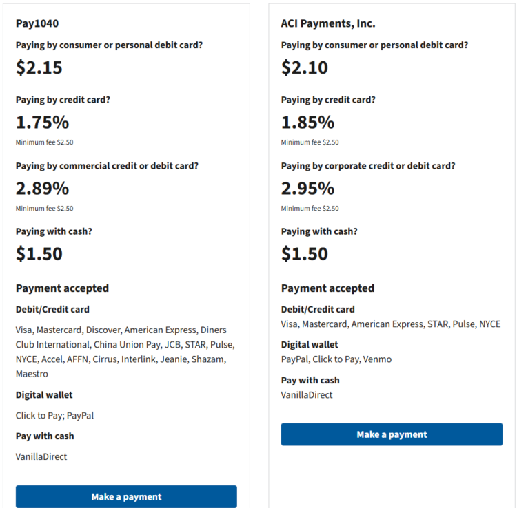 screenshot of payment processors and fees to pay taxes with a credit card