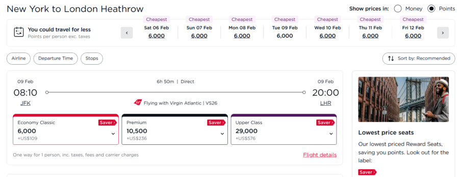 Screenshot of Virgin Atlantic award from New York to London