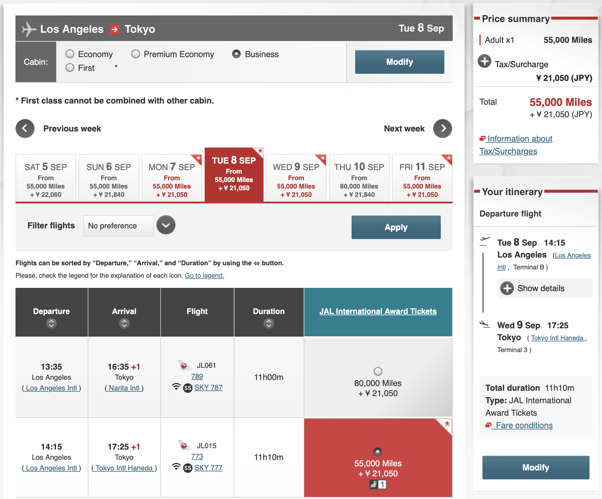 Japan Airlines business class award from ORD to Tokyo.