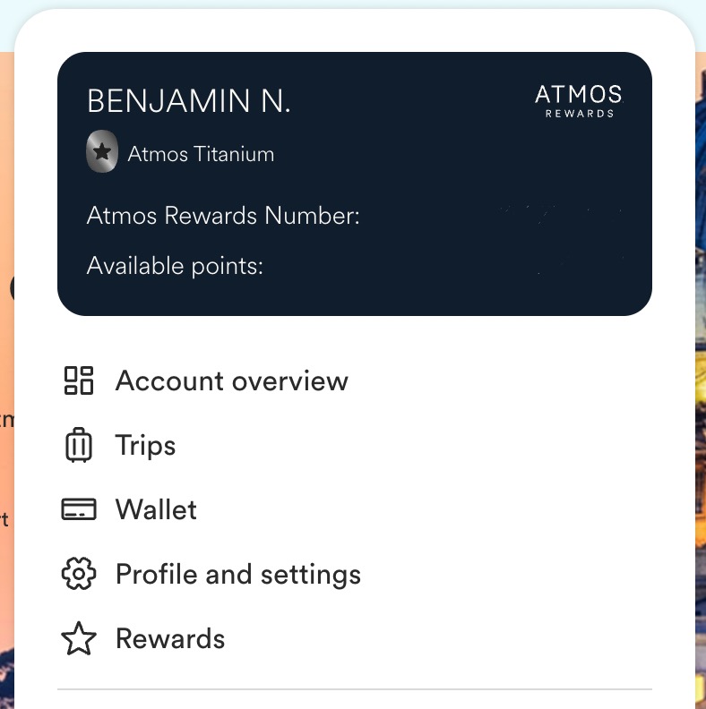 Screenshot of Alaska Airlines Atmos account showing menu