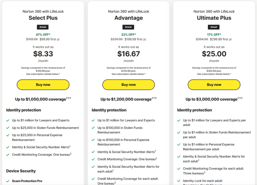 Norton plus LifeLock plan pricing