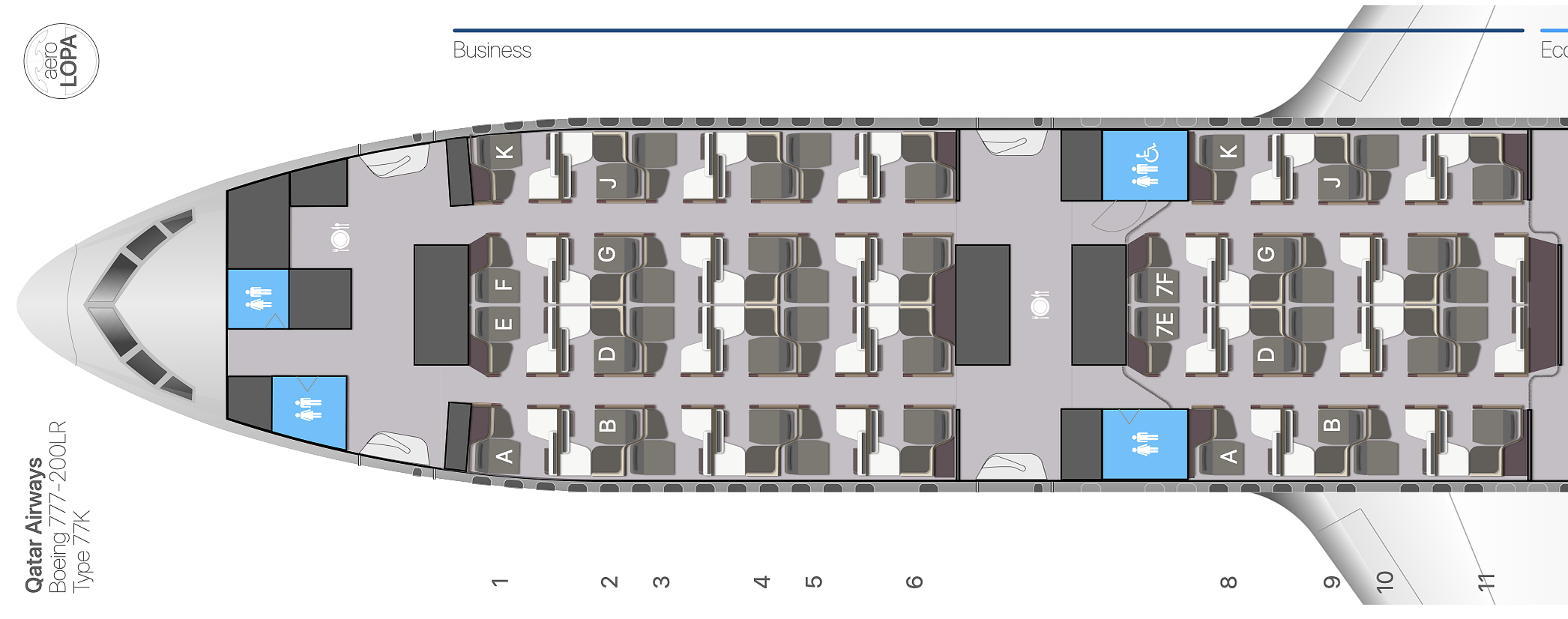 Qatar Airways 777-200LR business class cabin seat map.