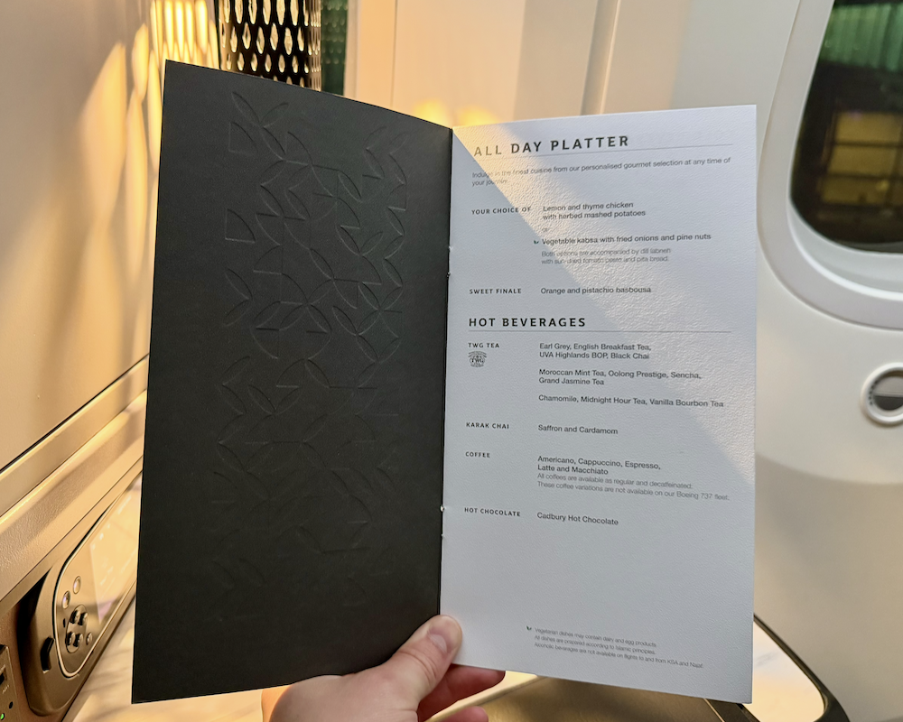 Qatar Airways 787-9 dinner menu.