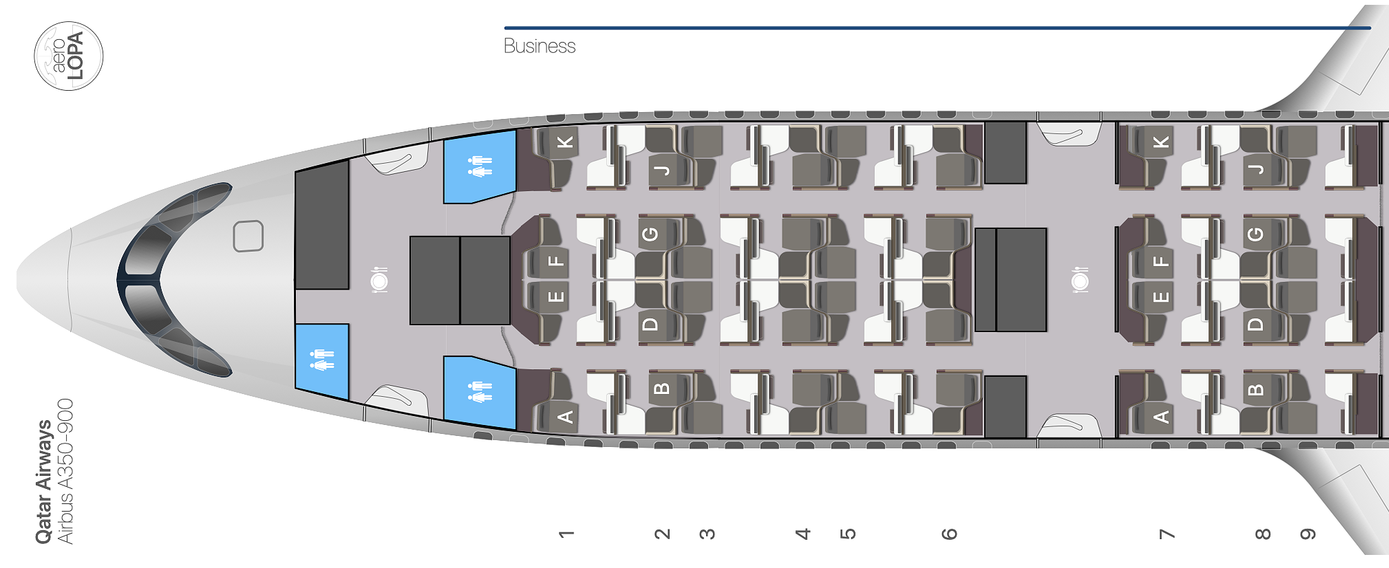 Qatar Airways A359 business class cabin seat map.
