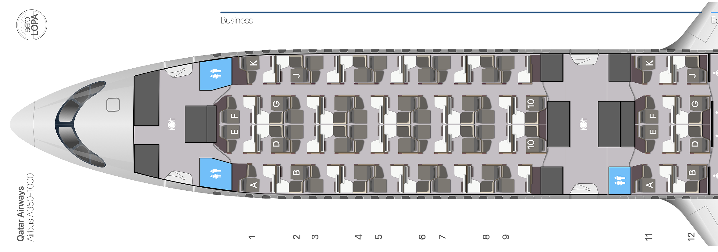 Qatar Airways A35k business class cabin seat map.