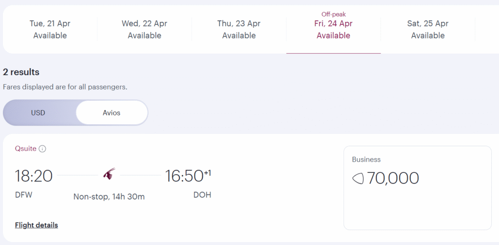 Qatar Qsuite award availability from Dallas to Doha