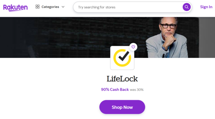Rakuten landing page for LifeLock showing 90% cash back offer
