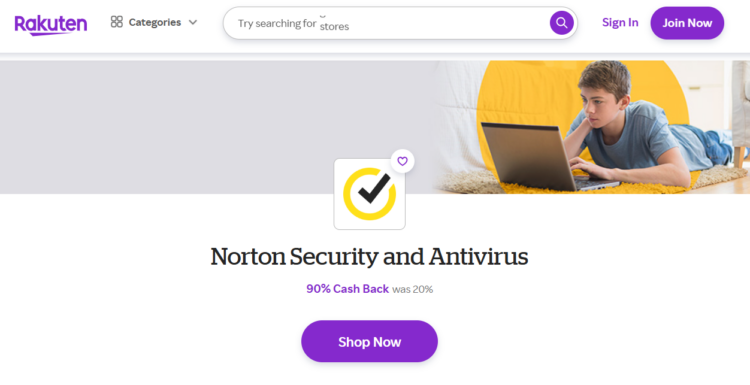 Rakuten landing page for Norton showing 90% cash back offer