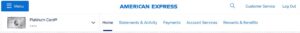 Screenshot of Amex website showing the main menu