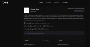 Screenshot showing Rove Miles transfer bonus to Finnair