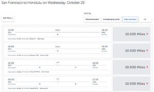 Screenshot of Turkish MIles&Smiles award availability from San Francisco to Honolulu