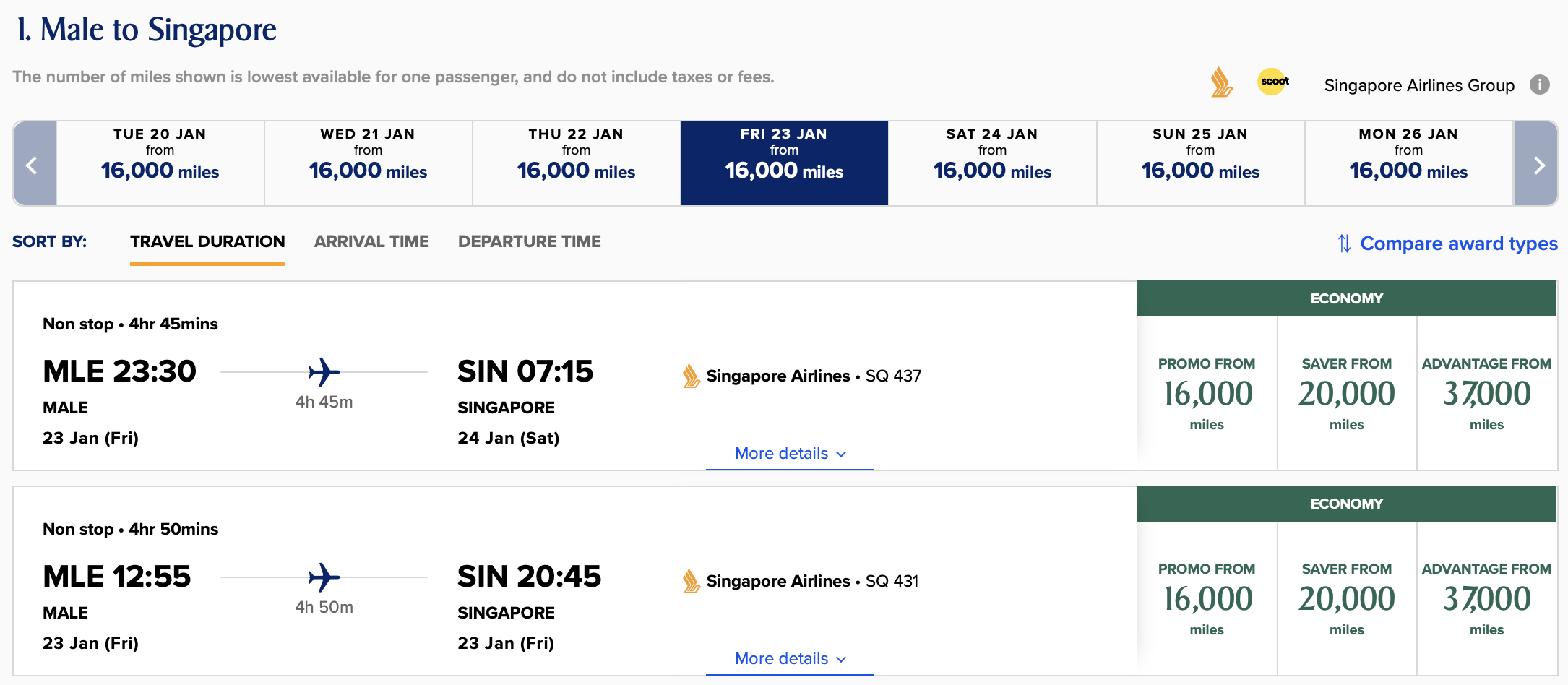 Singapore Airlines award from MLE to SIN.