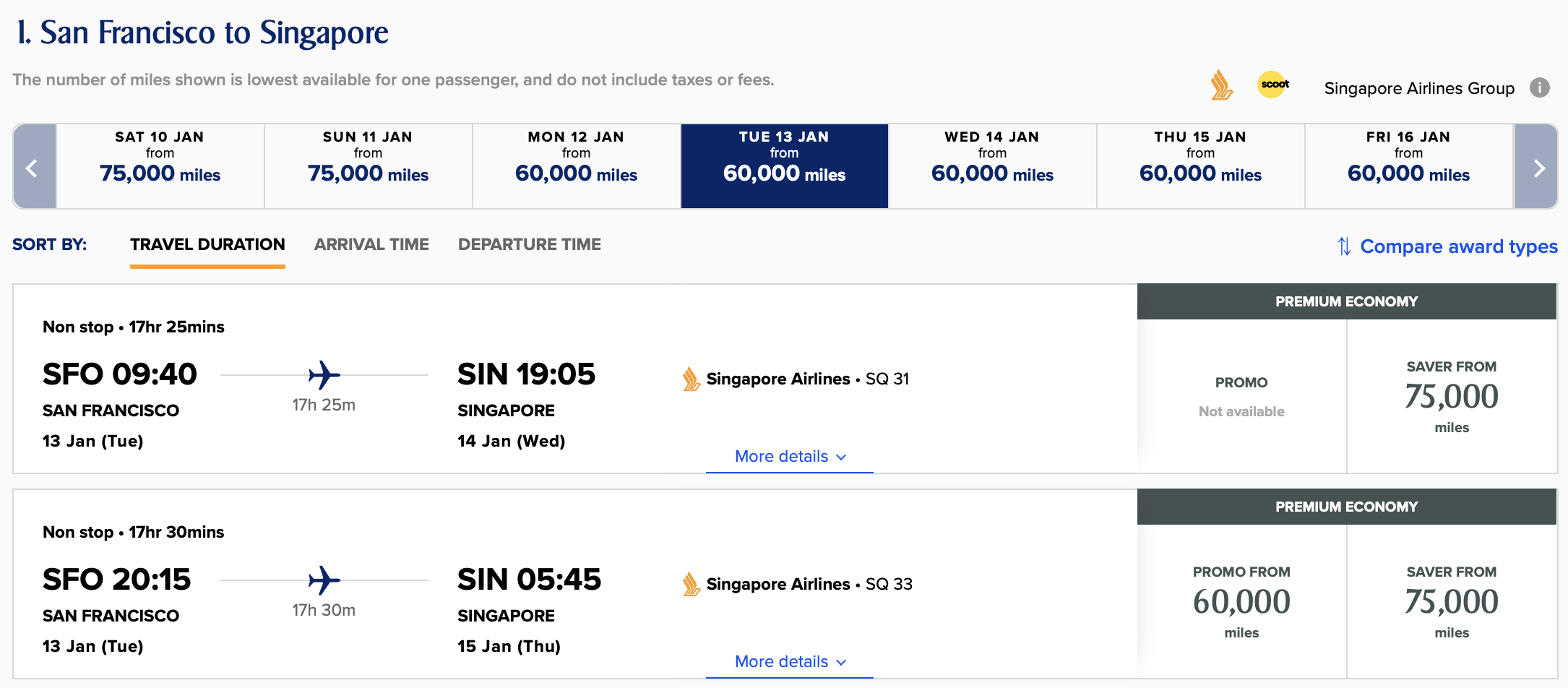 Singapore Airlines award from SFO to SIN.