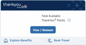 Black text on a white background showing available Citi ThankYou points, with a dark blue bar across the top and a blue button