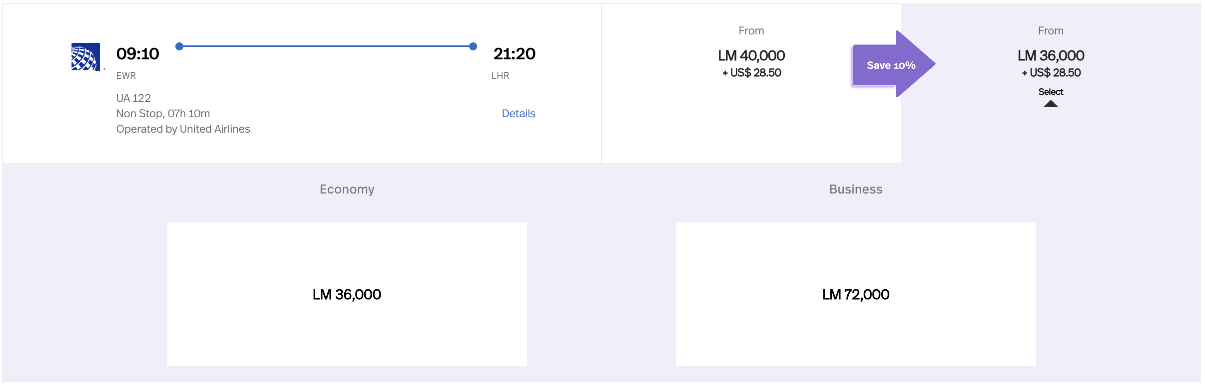 A screenshot showing a flight between New York and London operated by United and booked through Avianca