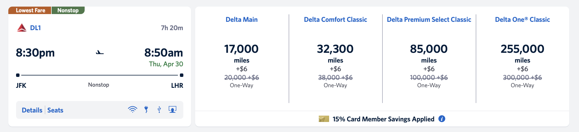 A screenshot showing a flight from JFK to London via Delta