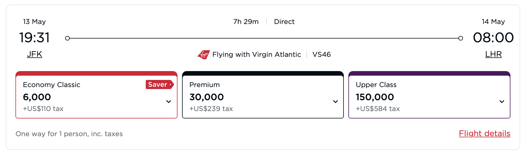 A screenshot showing a flight from New York to London via Virgin Atlantic