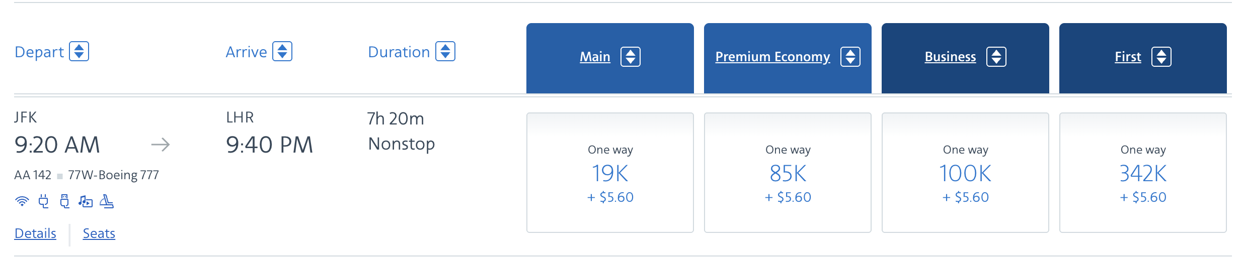 A screenshot showing a flight from JFK to LHR operated by American Airlines