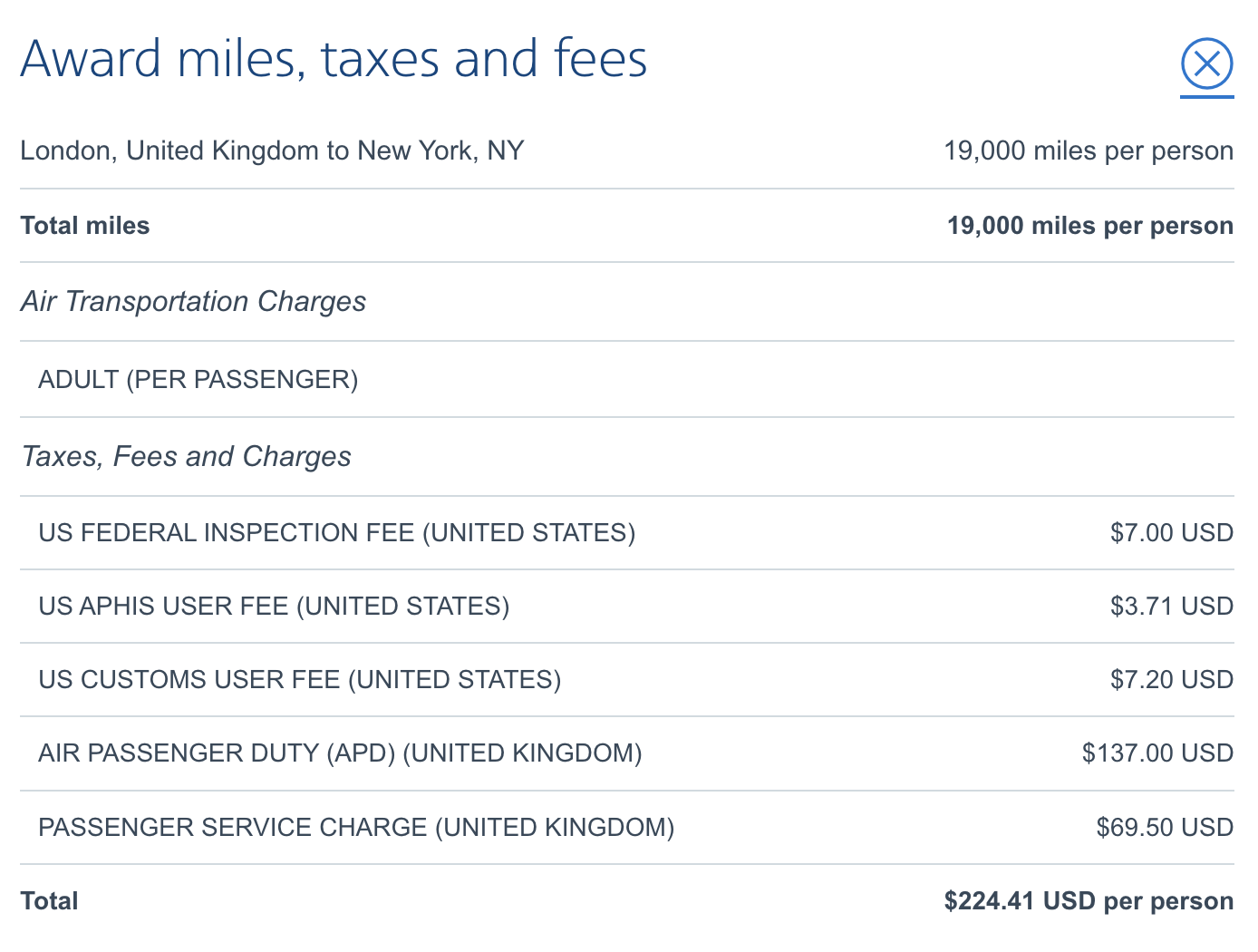 A screenshot showing the taxes and fees associated with an award ticket from London to New York