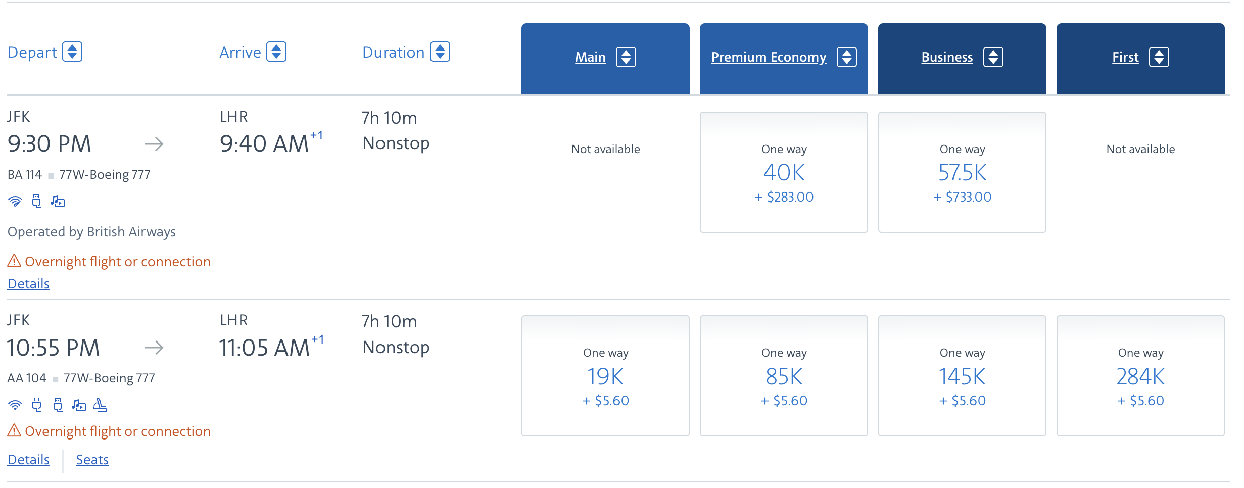 A screenshot showing two flight options from JFK to LHR with American Airlines AAdvantage miles.