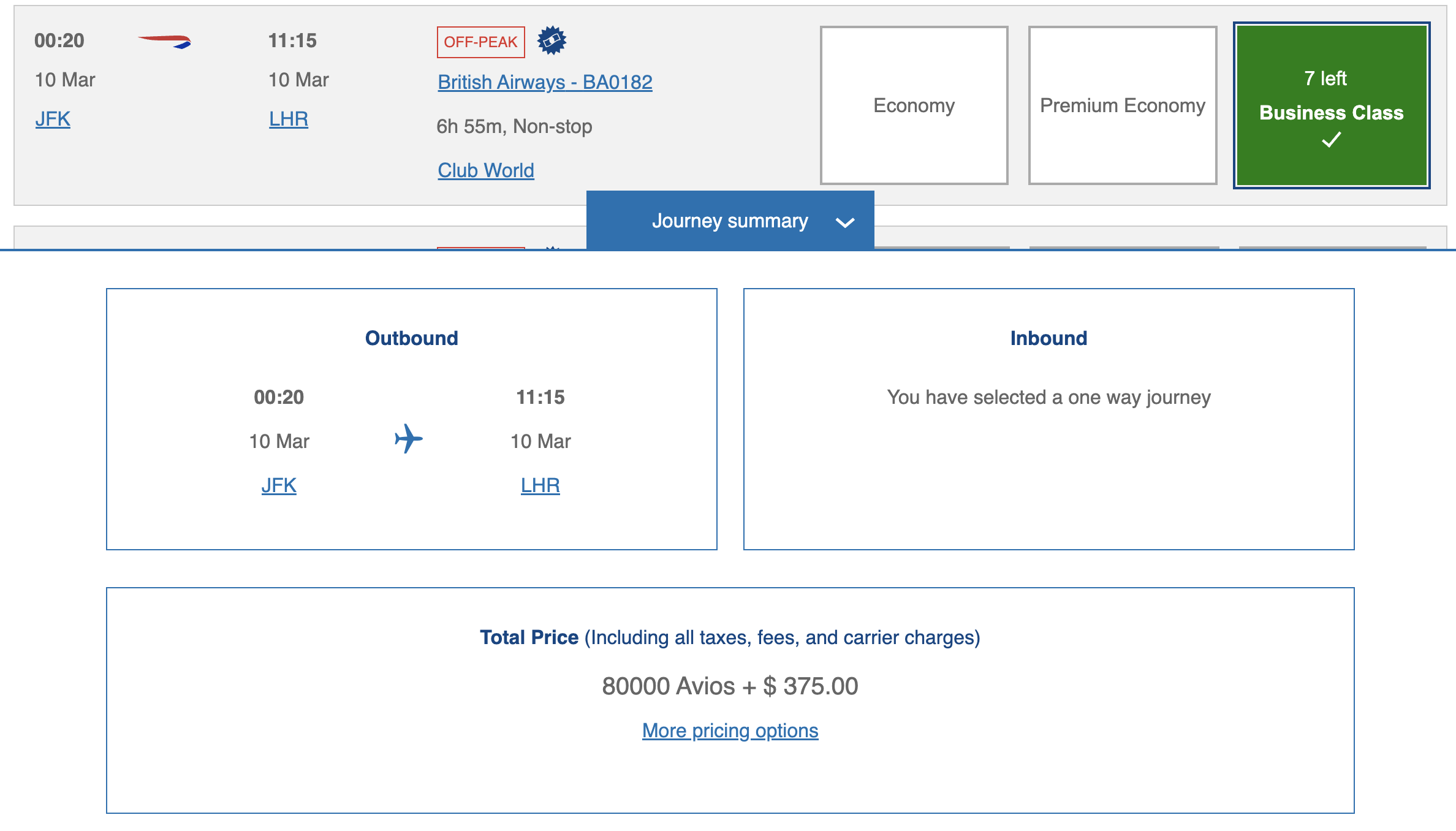 A screenshot showing a British Airways flight from New York to London