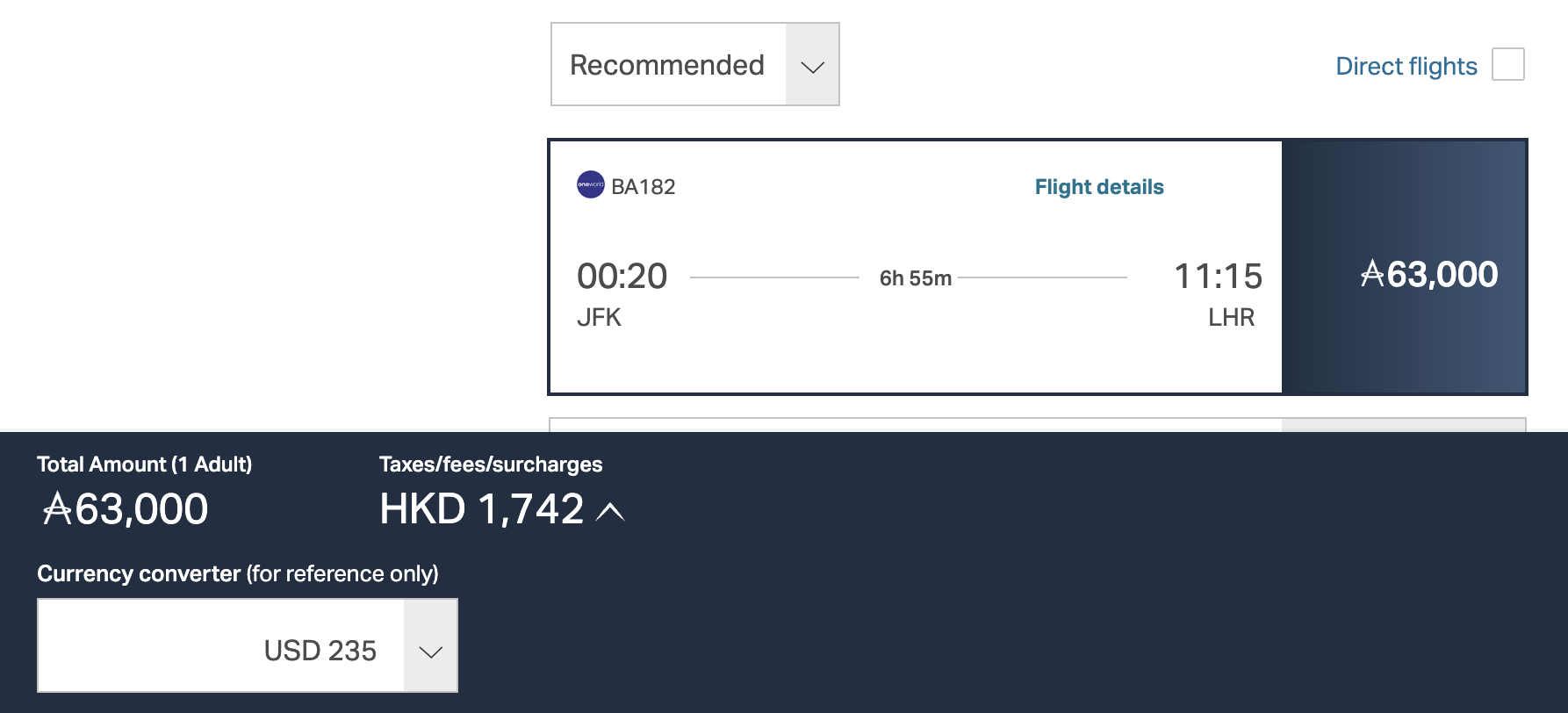 A screenshot showing a British Airways flight from JFK to LHR booked through Cathay Pacific
