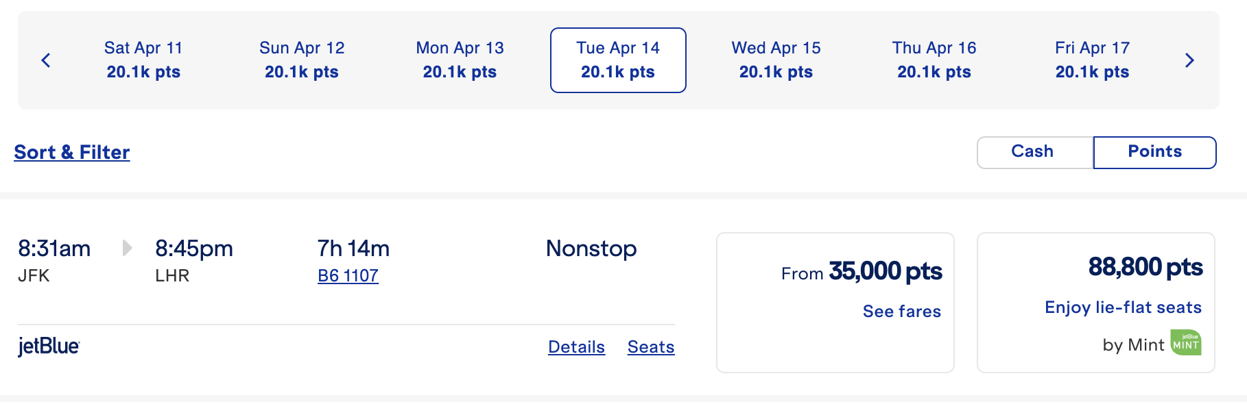 A screenshot showing a JetBlue flight from New York to London