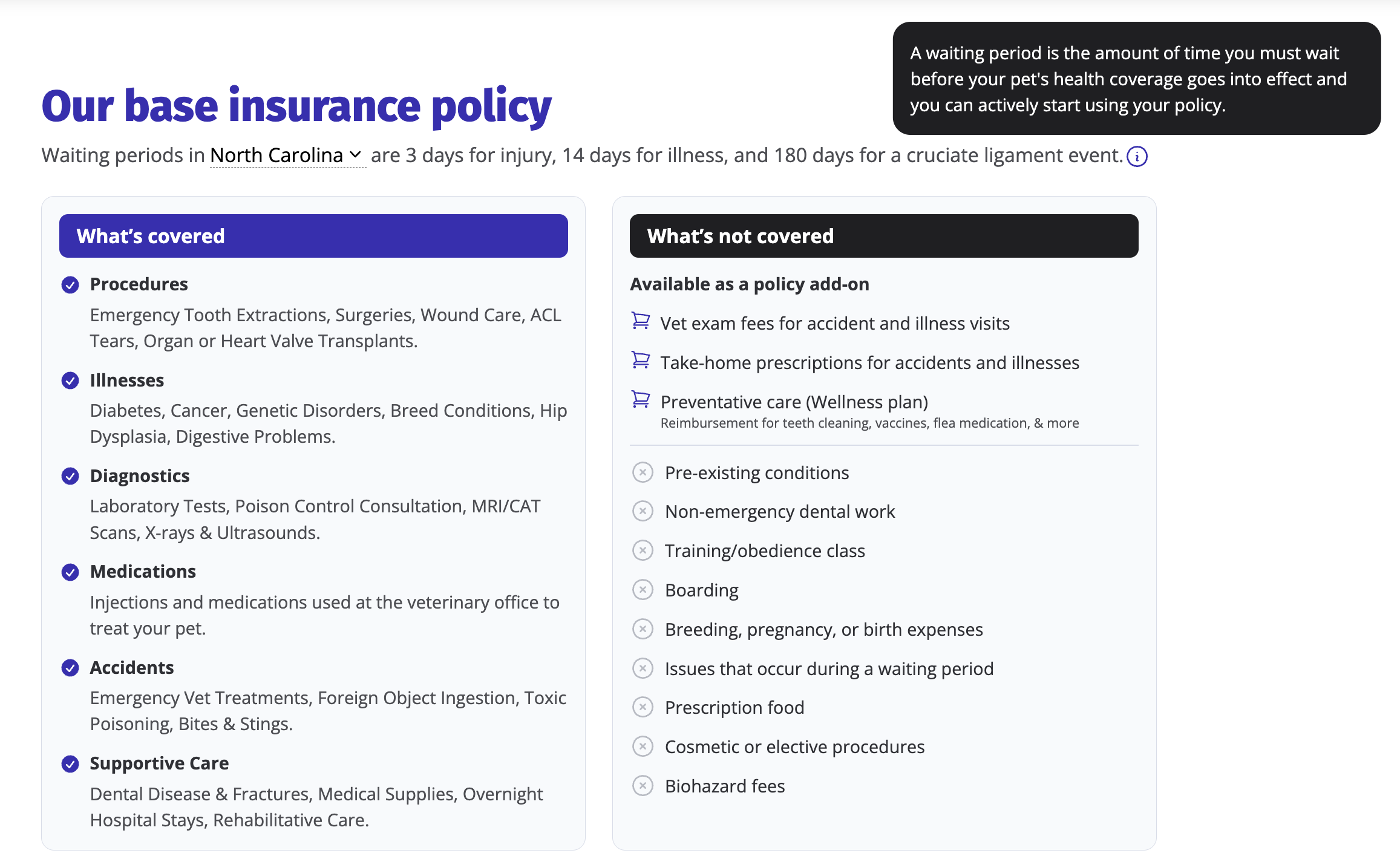 A screenshot showing what is and isn't covered under the Nibbles base insurance policy
