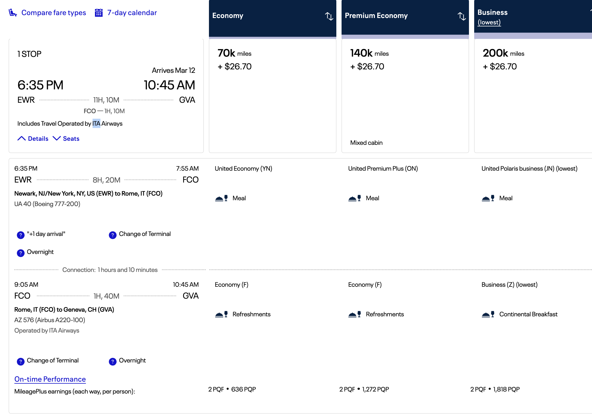 A screenshot of a flight from EWR to GVA with a layover in FCO