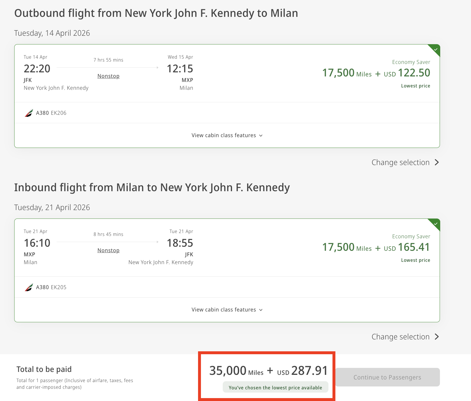 Emirates flight from New York to Milan for 35,000 miles and $287.91 roundtrip