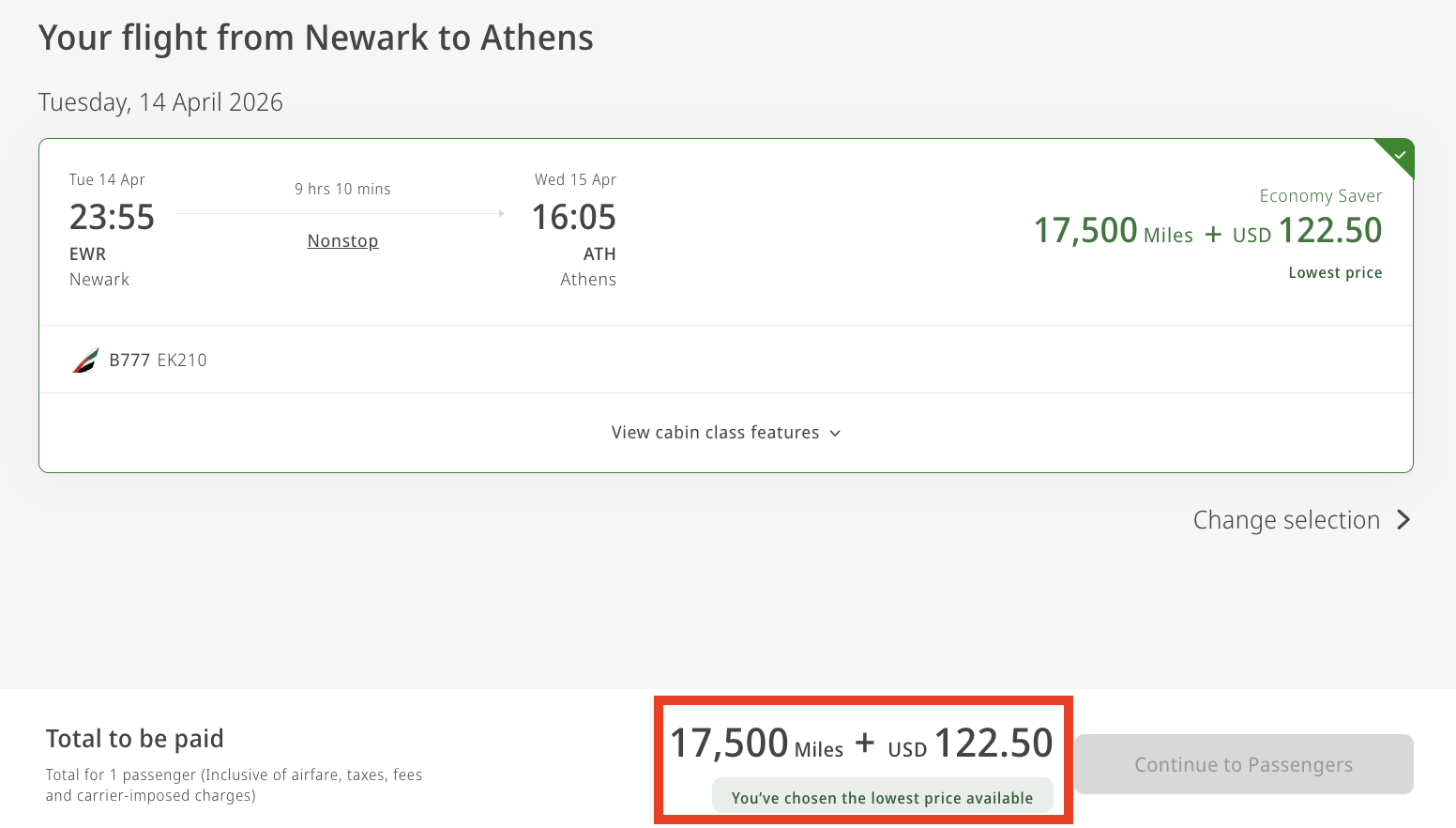 Emirates award flight from Newark to Athens for 17,500 miles and $122.50 in taxes and fees