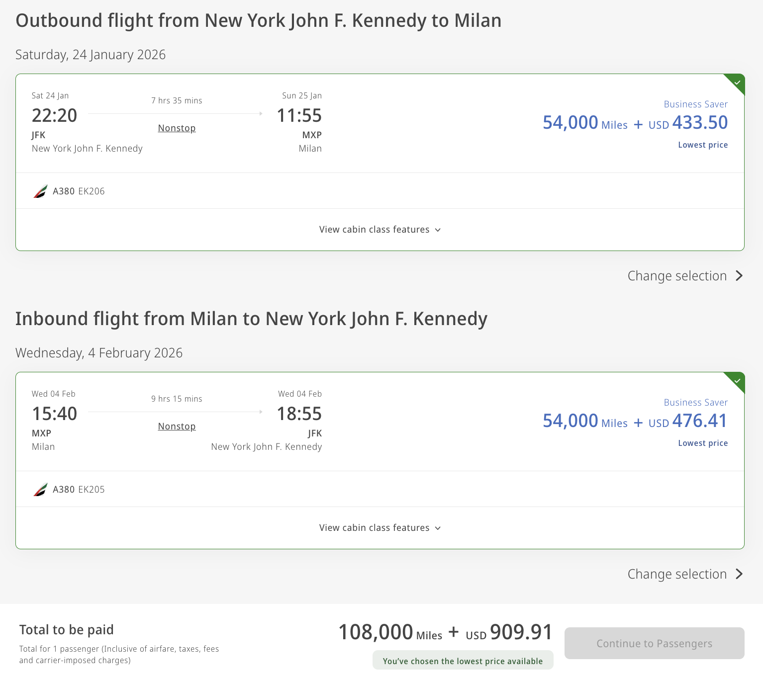 Emirates Business Class Flex award for 87,000 miles and $434 from New York to Milan