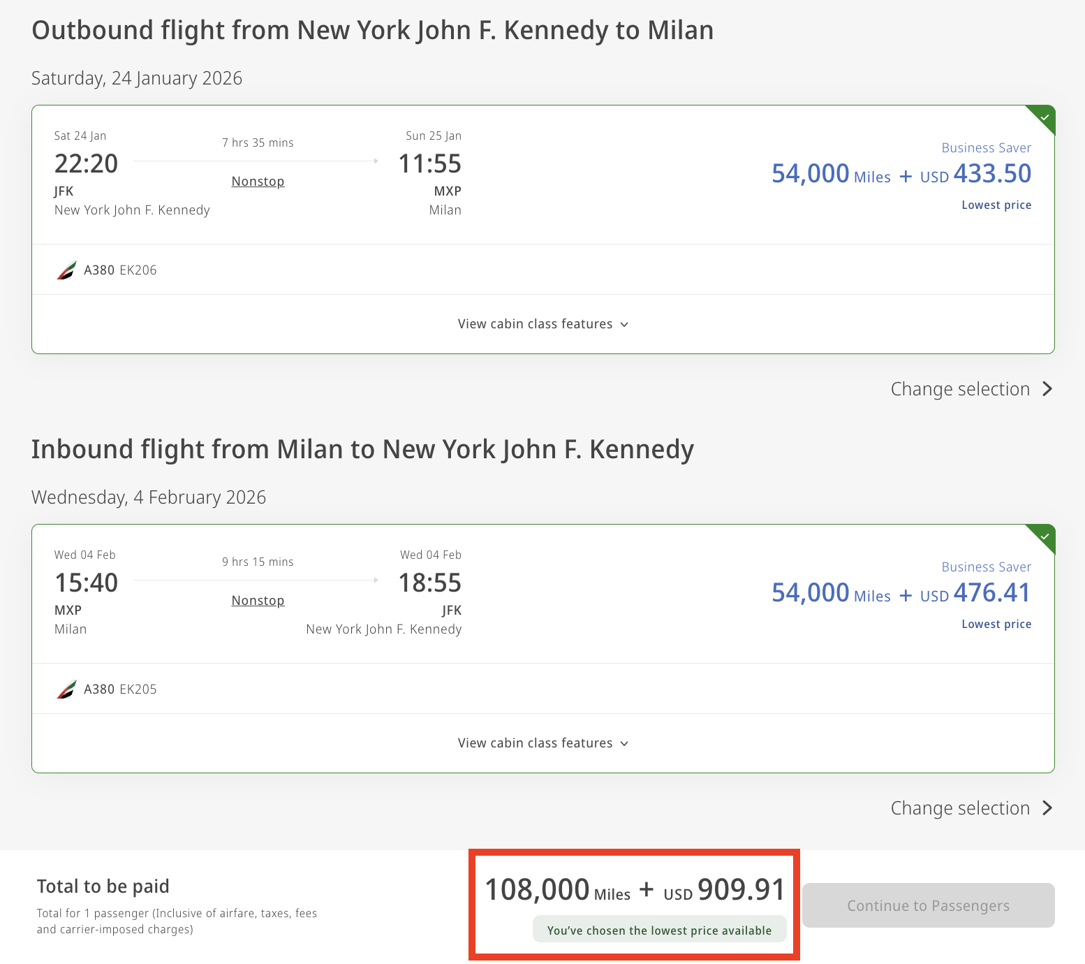 Emirates award flight from New York to Milan for 108,000 miles and $909.91 roundtrip in business class