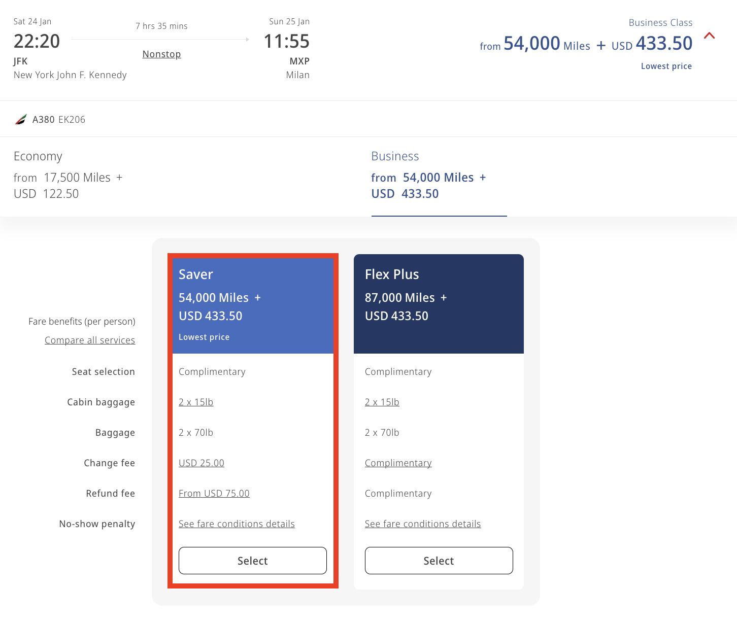 Saver award for Emirates business class