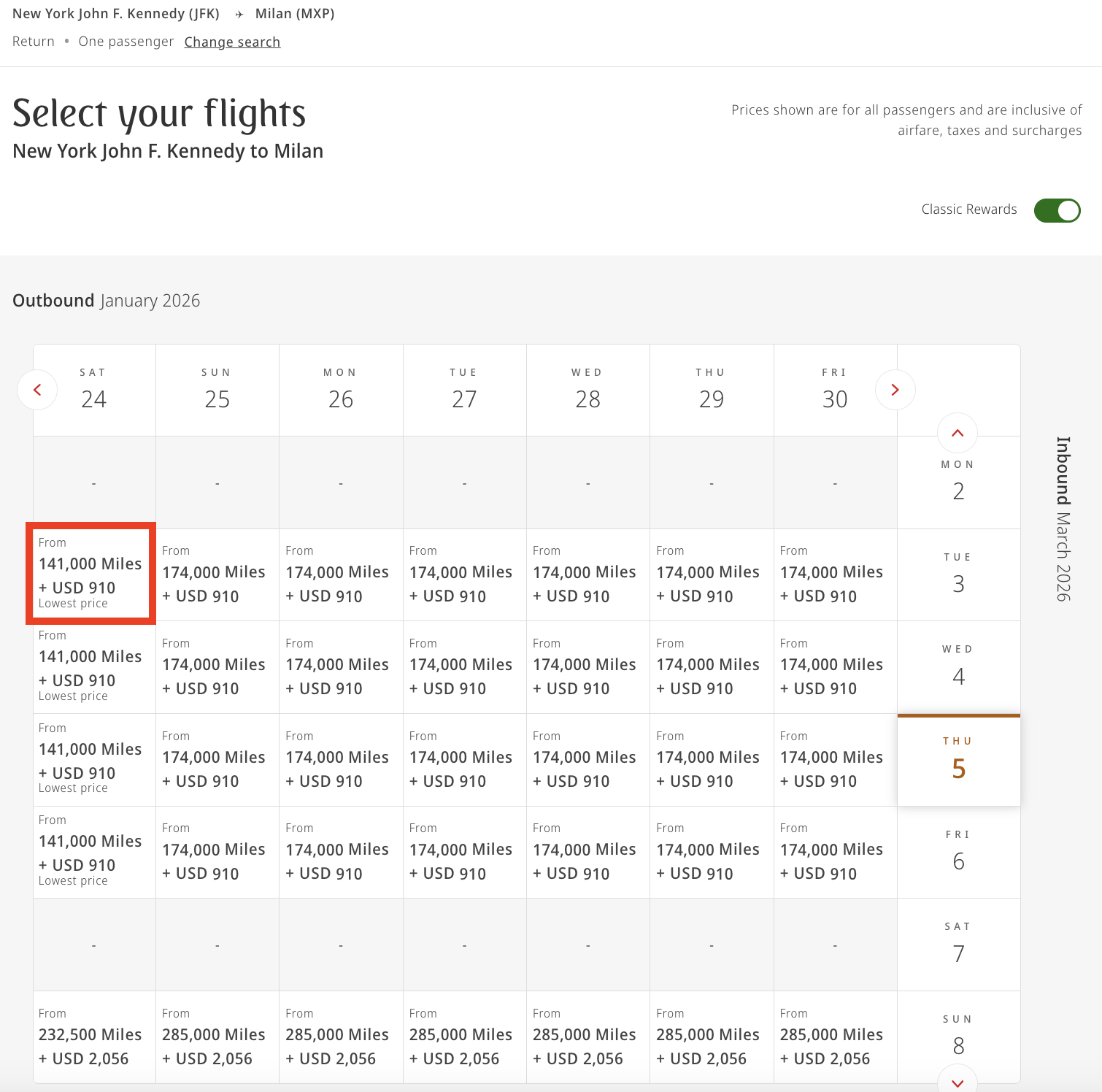 Emirates award calendar showing a date for 141,000 miles roundtrip in business class