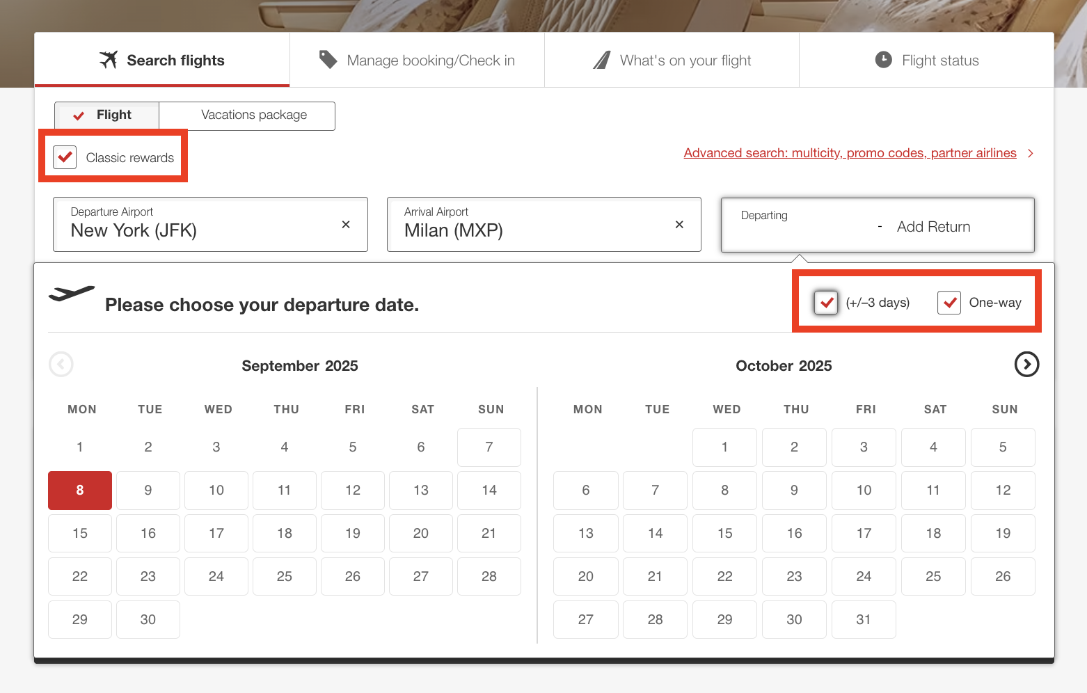 An Emirates award search for economy flights from New York to Milan