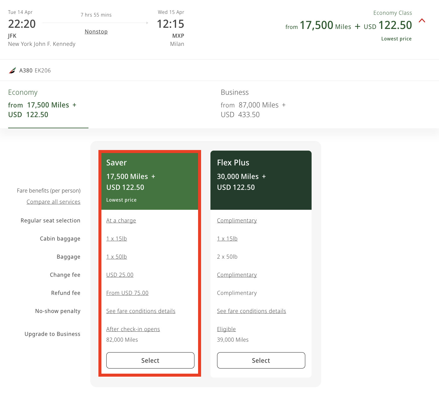 Saver award availability for an Emirates economy flight from New York to Milan