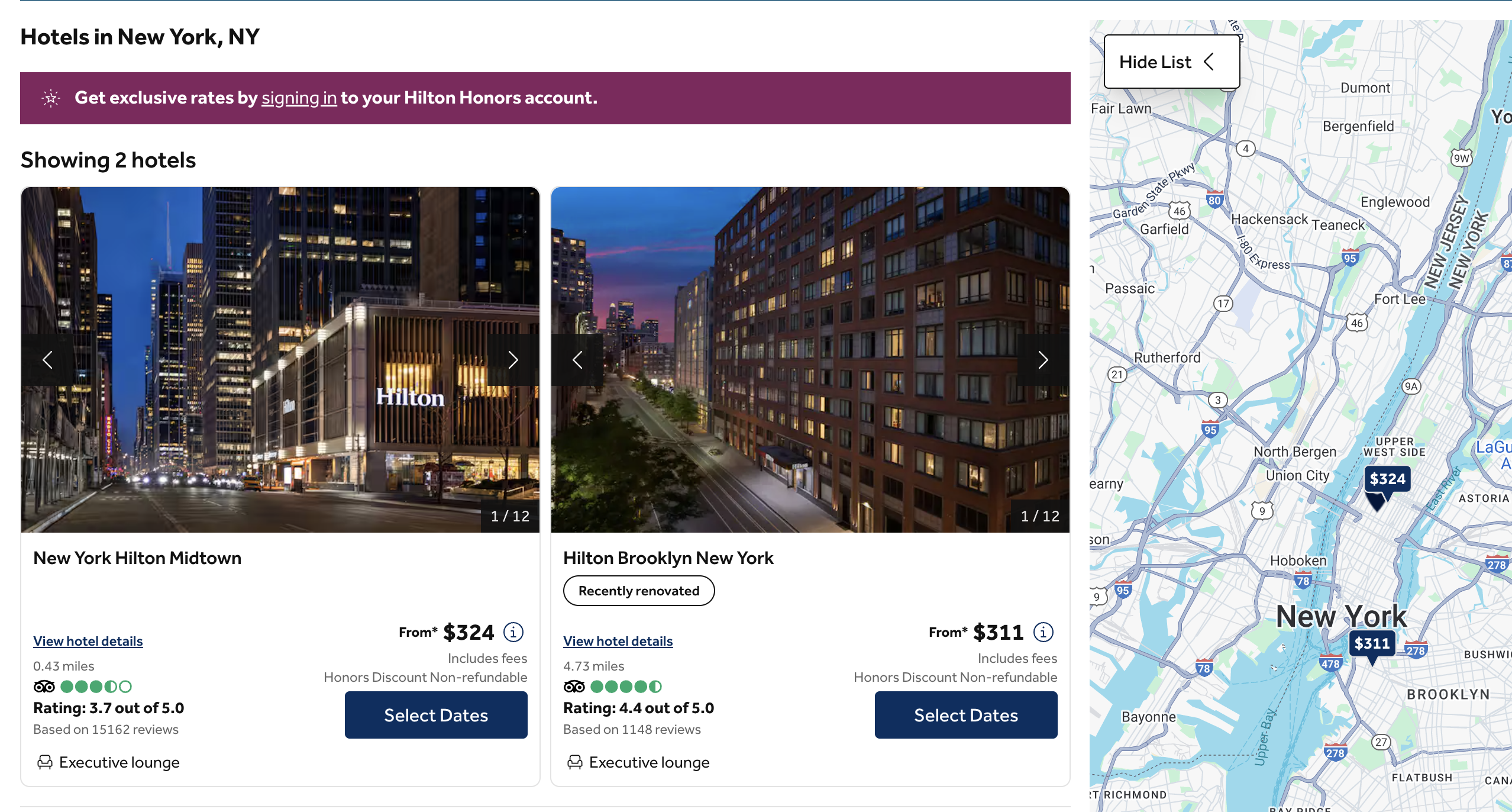 A screenshot showing the two Hilton properties with an executive lounge in New York