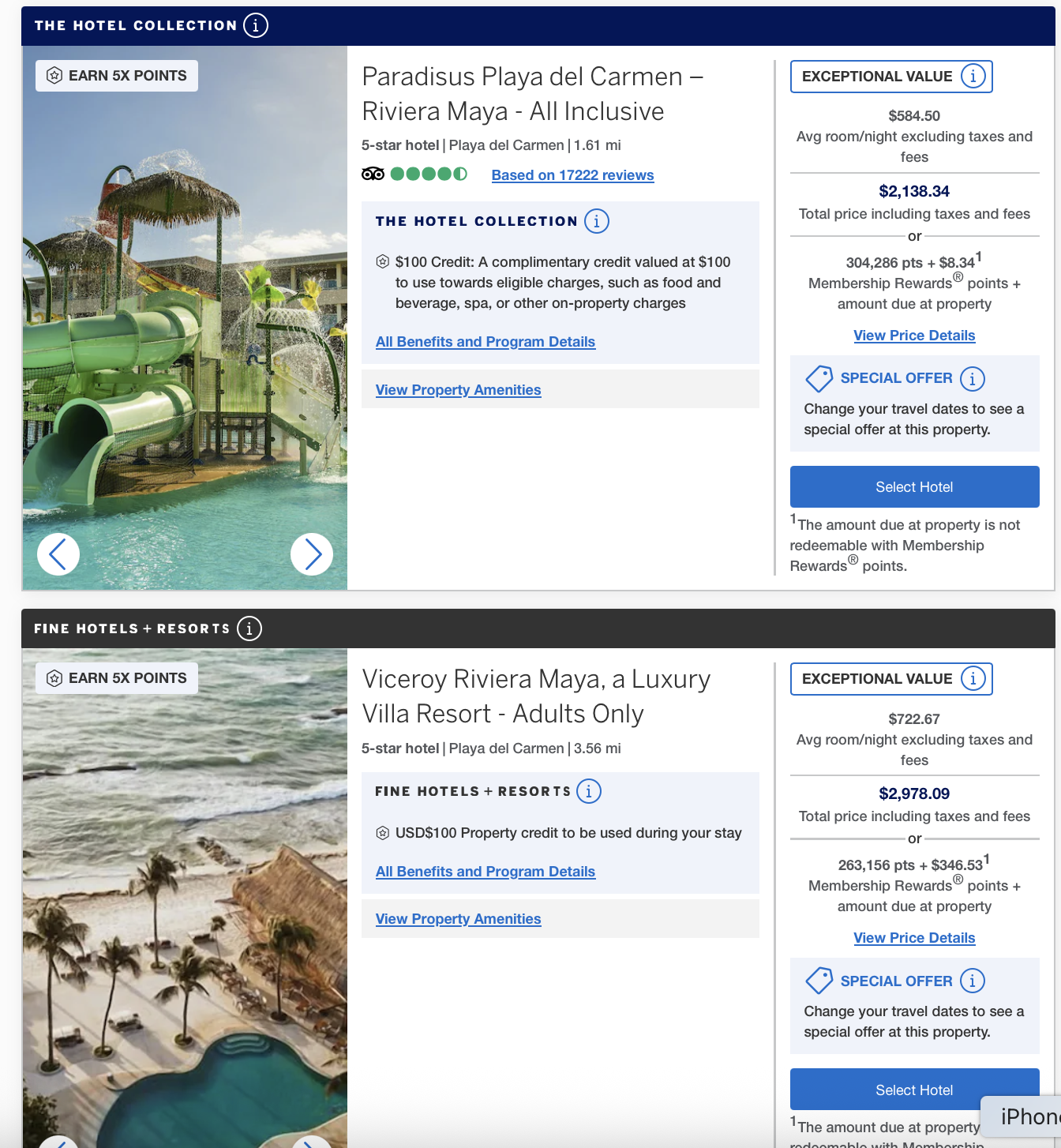 Amex Travel FHR and THC results in Playa del Carmen