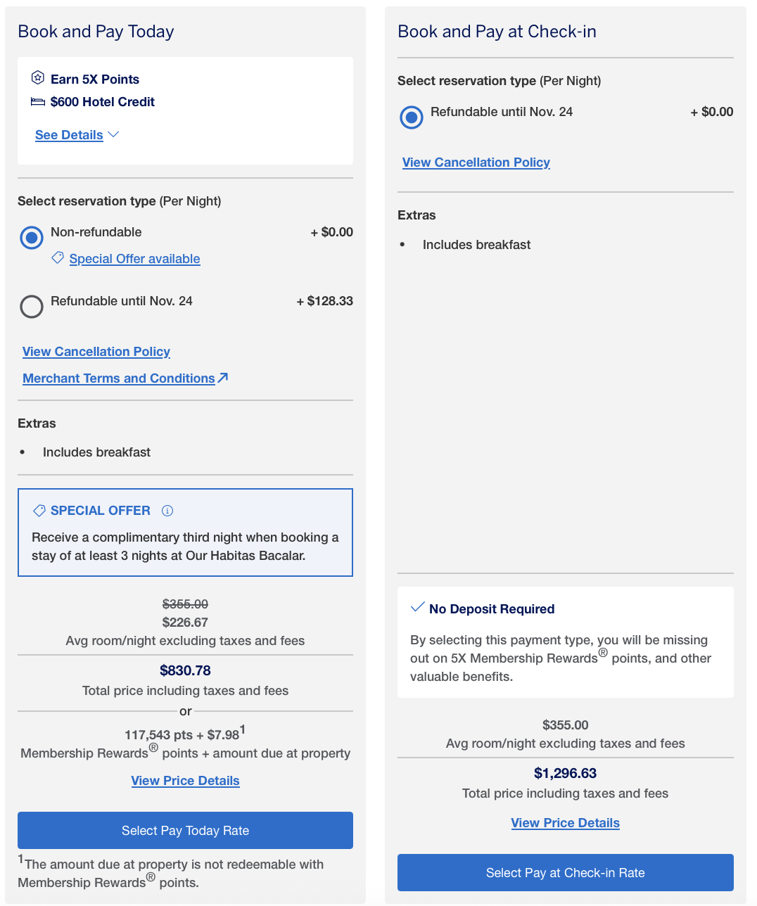 Two booking options: Book and Pay Today or Book and Pay at Check-in