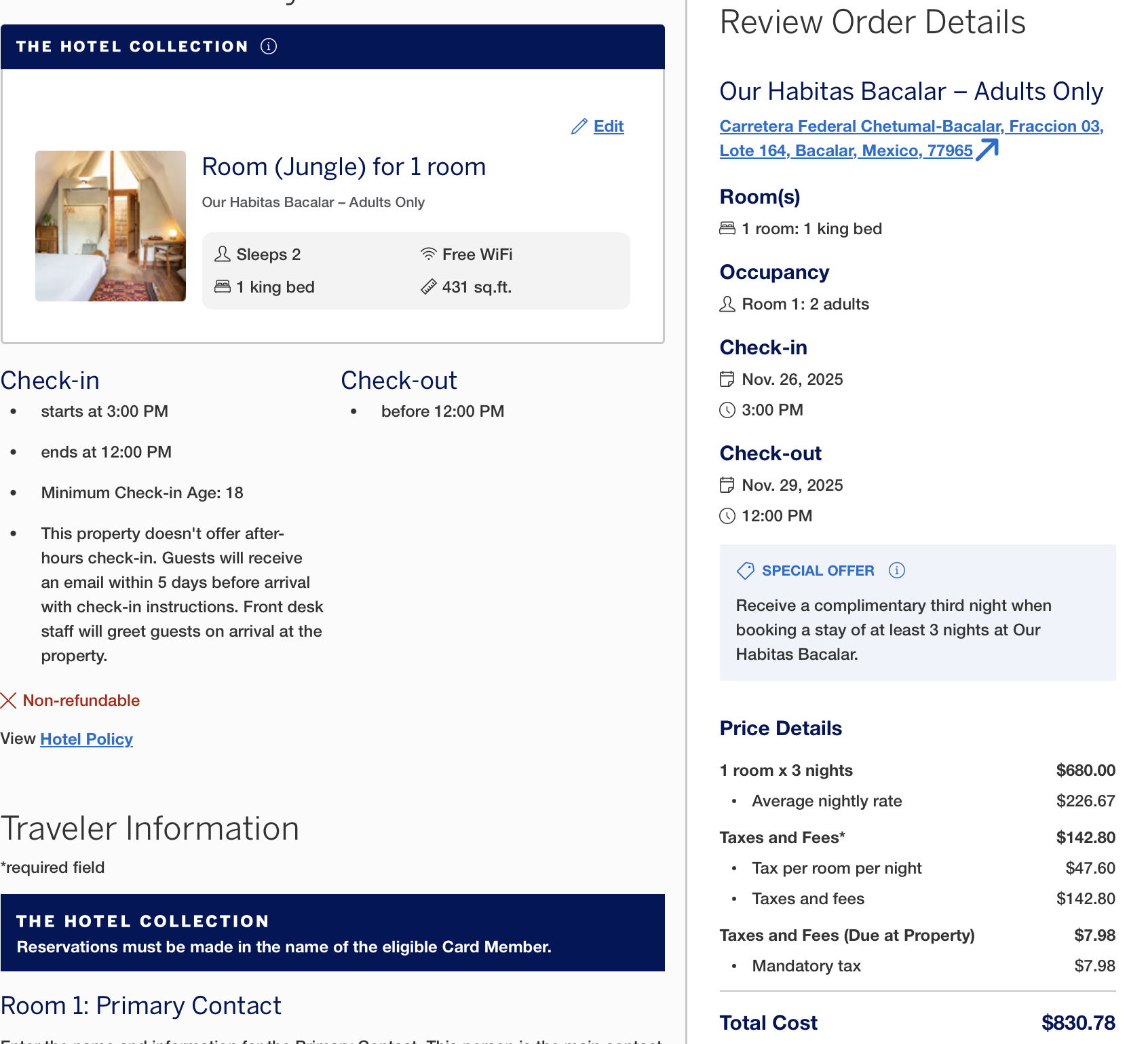 American Express Travel rate breakdown.
